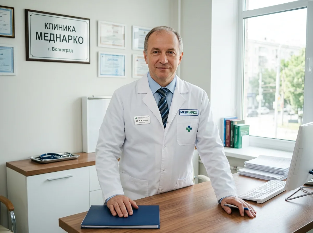 Врач-нарколог клиники МедНарко в Волгограде — специалист в белом халате, уверенный взгляд, светлый медицинский кабинет, профессиональная обстановка