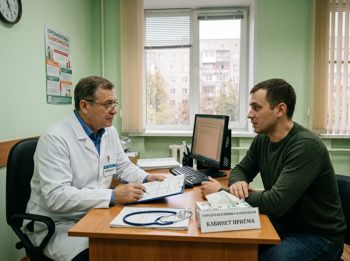 Врач-нарколог ведёт беседу с пациентом в кабинете клиники в Волгограде, доверительная атмосфера, медицинский осмотр перед лечением