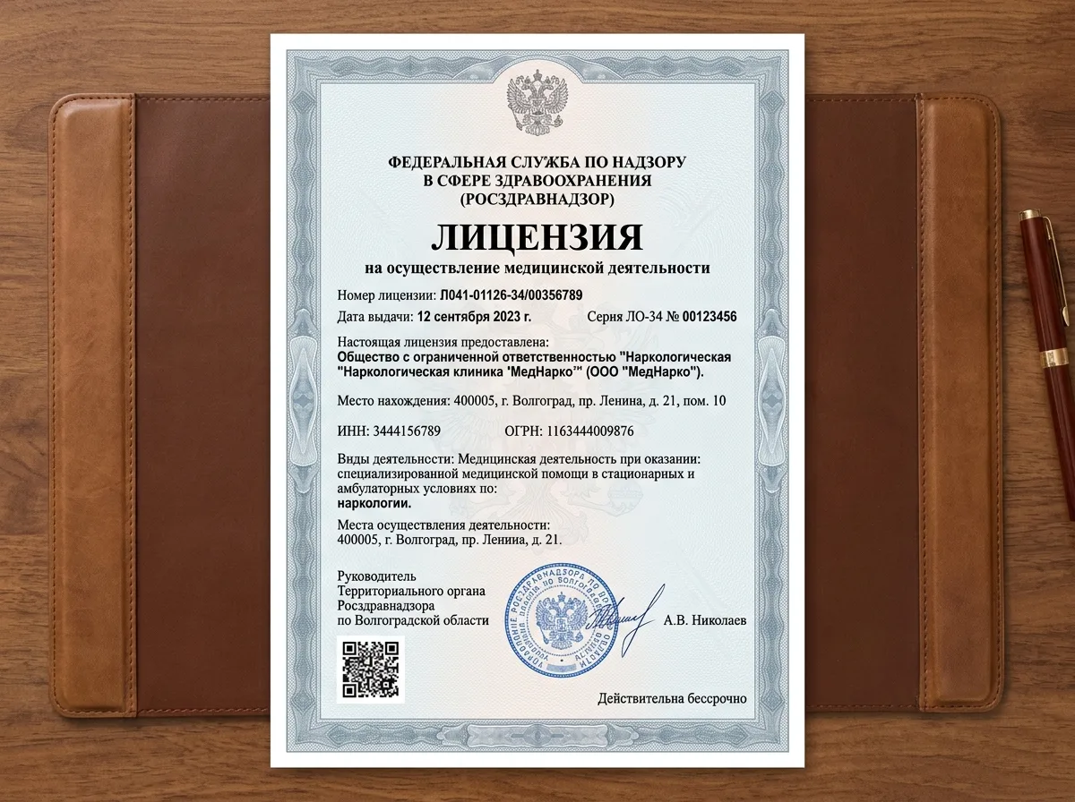 Медицинская лицензия Росздравнадзора наркологической клиники МедНарко в Волгограде, официальный документ